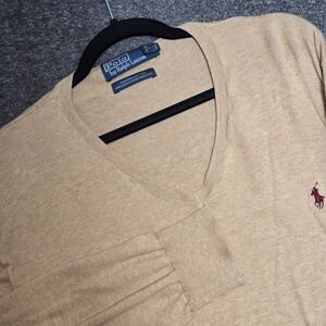 Polo Ralph Lauren Sweater Mens XL Tan V Neck Pima Cotton Pony Logo Pullover